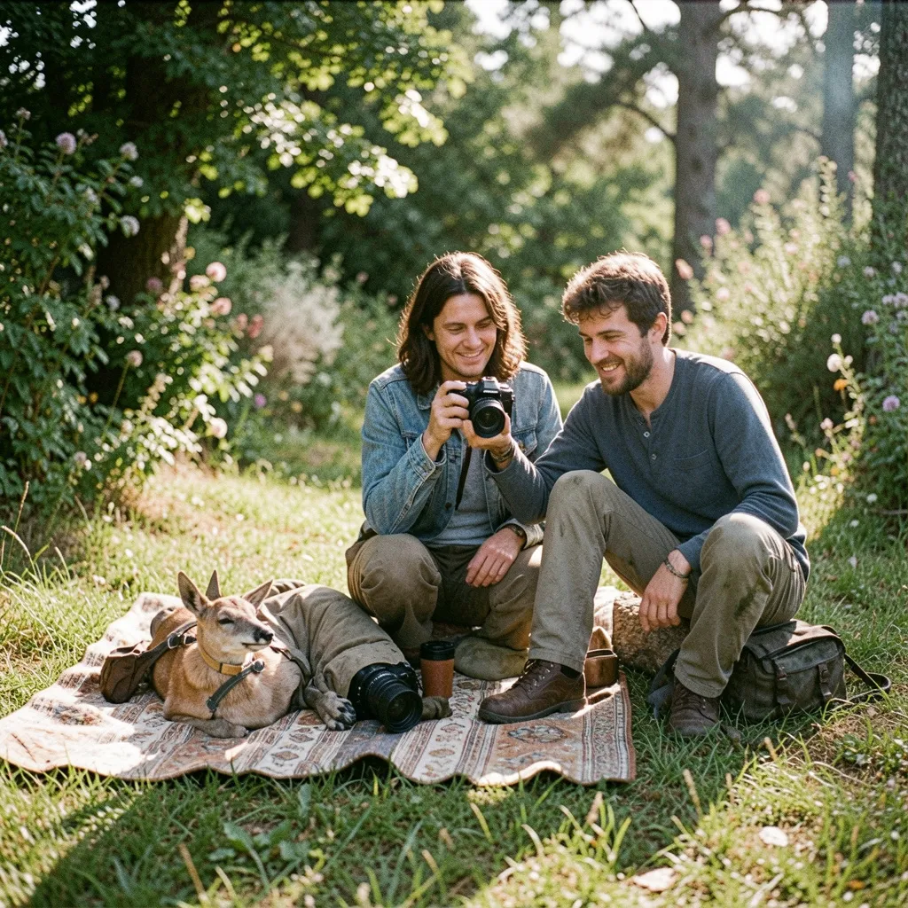 Kayaks lined up on a lakeshore with calm water and distant trees